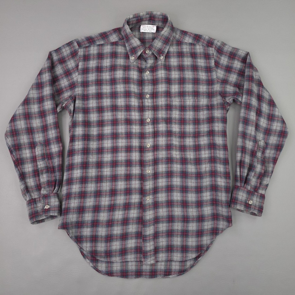Vintage Viyella Shirt Mens Medium Gray Burgundy Plaid Long Sleeve Wool Blend 70s